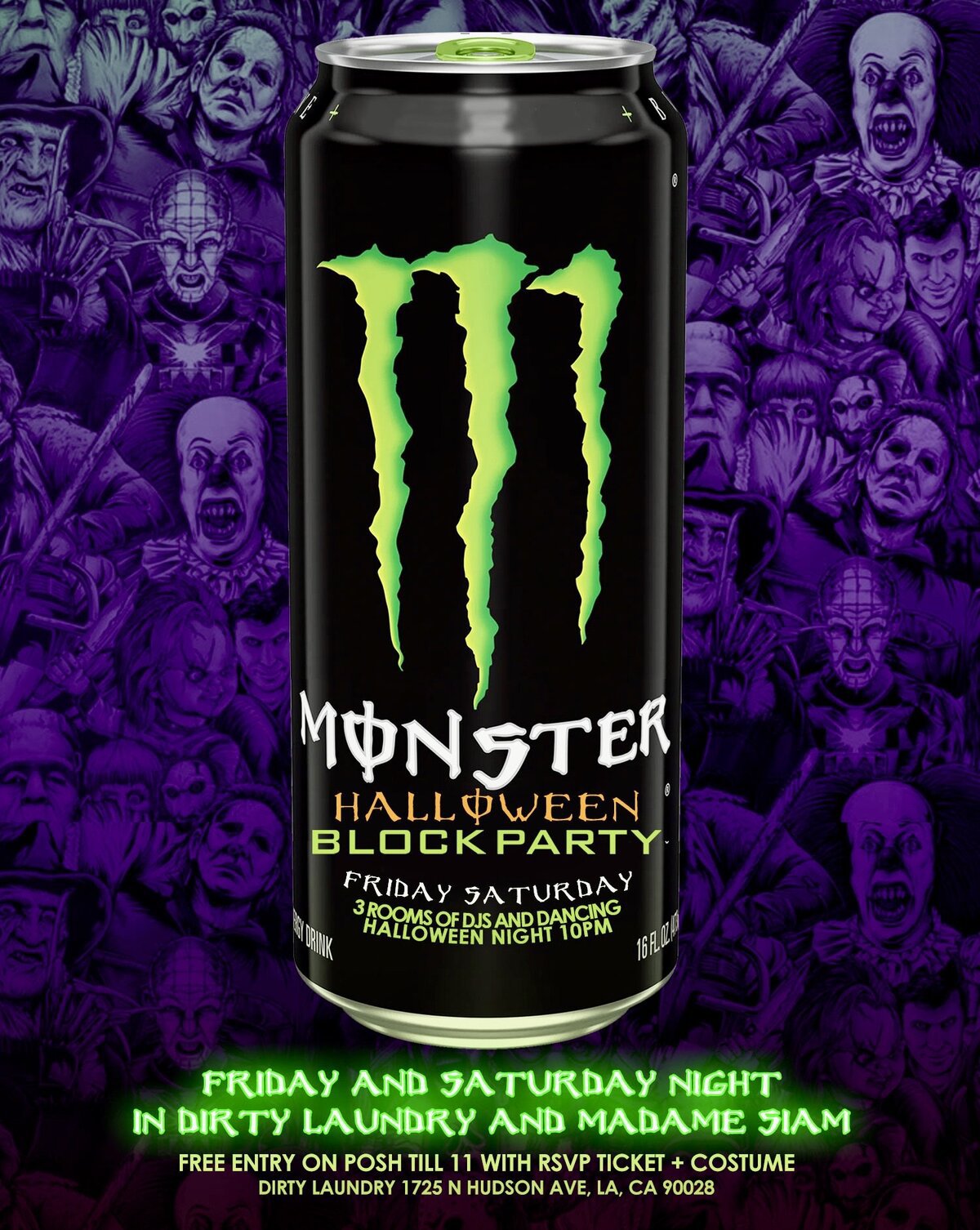 Purple poster of horror movie villains behind a Halloween Block Party energy drink can, listing Friday and Saturday at Dirty Laundry and Madame Siam