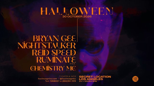 Orange and purple Halloween flyer listing Bryan Gee, Nightstalker, Reid Speed, Ruminate and Chemistry MC over a blurred, shadowy face