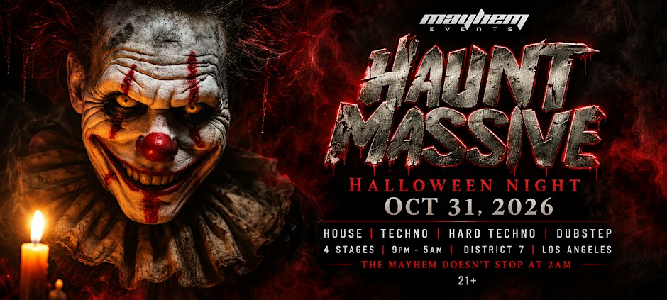 Haunt Massive event flyer showing a menacing clown with a candle beside the show title and lineup details