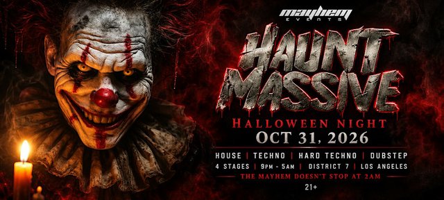 Haunt Massive event flyer showing a menacing clown with a candle beside the show title and lineup details