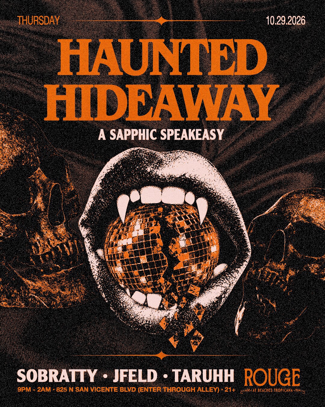 Orange and black event flyer showing fanged lips around a shattered disco ball between two skulls