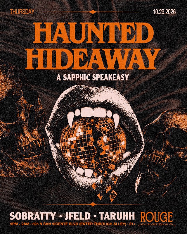Orange and black event flyer showing fanged lips around a shattered disco ball between two skulls