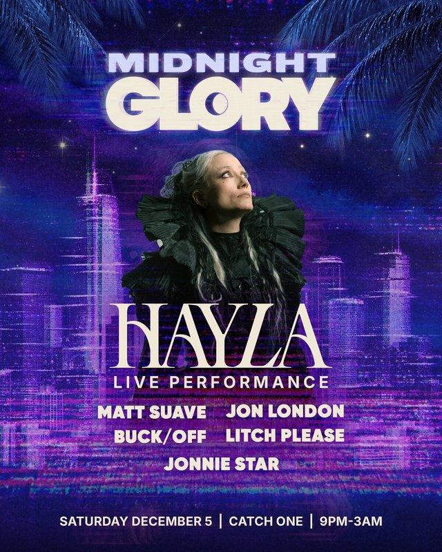Event flyer for Midnight Glory showing Hayla in a black ruffled collar against a purple city skyline, with the supporting lineup listed below