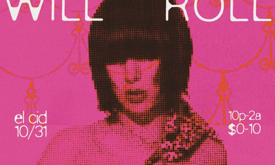 Pink and orange halftone flyer for Heads Will Roll at El Cid, showing a figure with a dark bob haircut