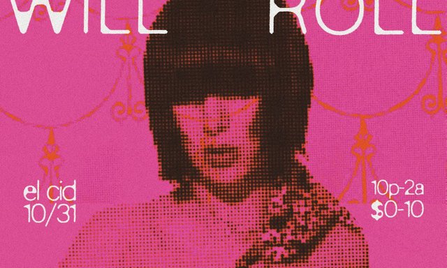 Pink and orange halftone flyer for Heads Will Roll at El Cid, showing a figure with a dark bob haircut