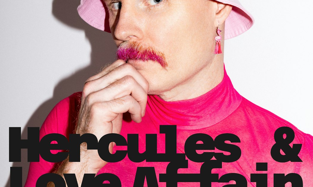 Event flyer showing a person in a pink bucket hat and pink top with a pink mustache, with the name Hercules & Love Affair in large black type