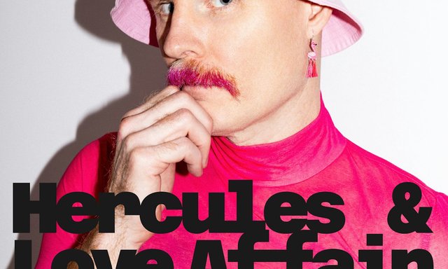 Event flyer showing a person in a pink bucket hat and pink top with a pink mustache, with the name Hercules & Love Affair in large black type