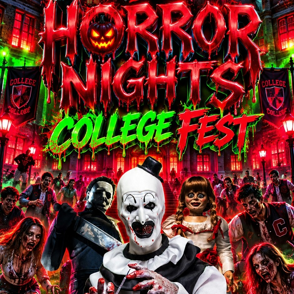 Event flyer with dripping red and green horror lettering, a masked slasher, a clown, a doll and zombies in letterman jackets outside a gothic campus building