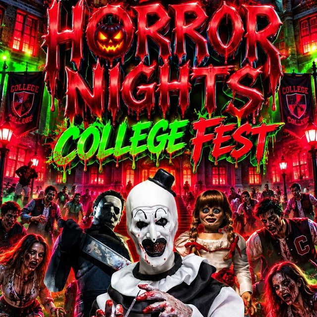 Event flyer with dripping red and green horror lettering, a masked slasher, a clown, a doll and zombies in letterman jackets outside a gothic campus building