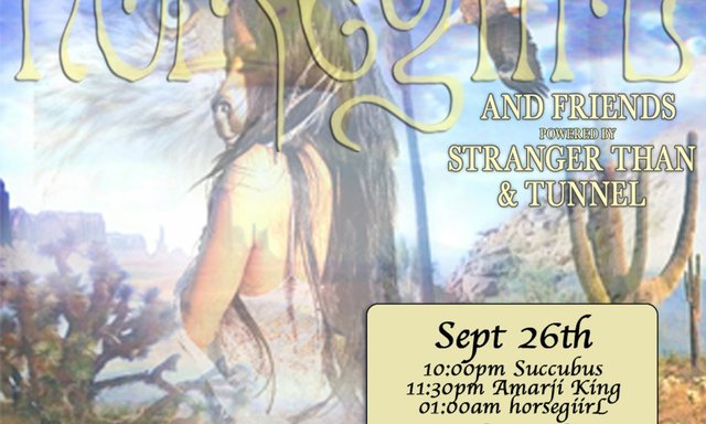 horsegiirL and Friends flyer with a desert collage of cacti, rock formations and an eagle, listing Sept 26 set times for Succubus, Amarji King and horsegiirL