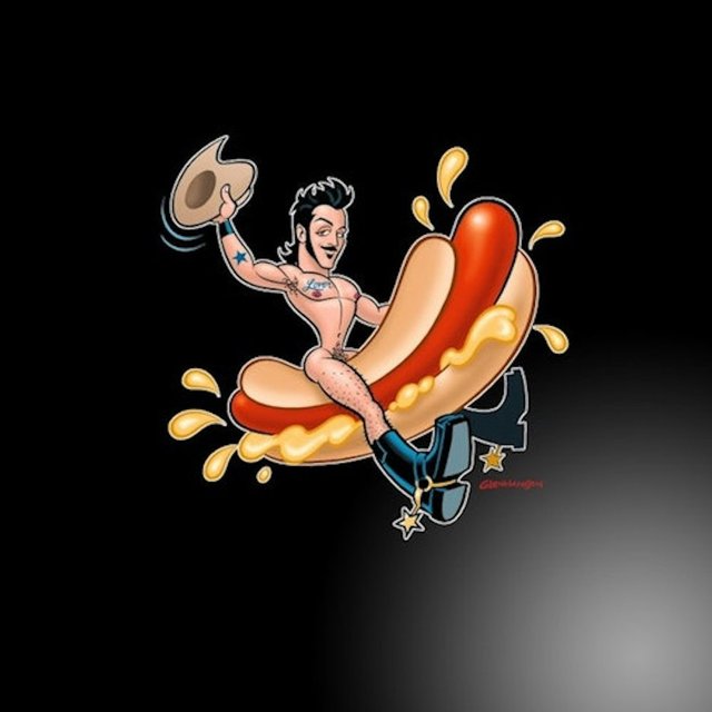 Illustrated poster art of a mustachioed cartoon cowboy riding a giant hot dog, waving a hat on a black background