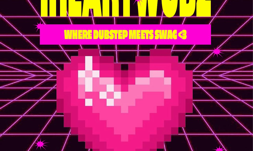 Pink pixel-art heart on a purple neon grid under the tagline "Where dubstep meets swag" on the Iheartwubz flyer