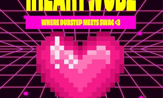 Pink pixel-art heart on a purple neon grid under the tagline "Where dubstep meets swag" on the Iheartwubz flyer