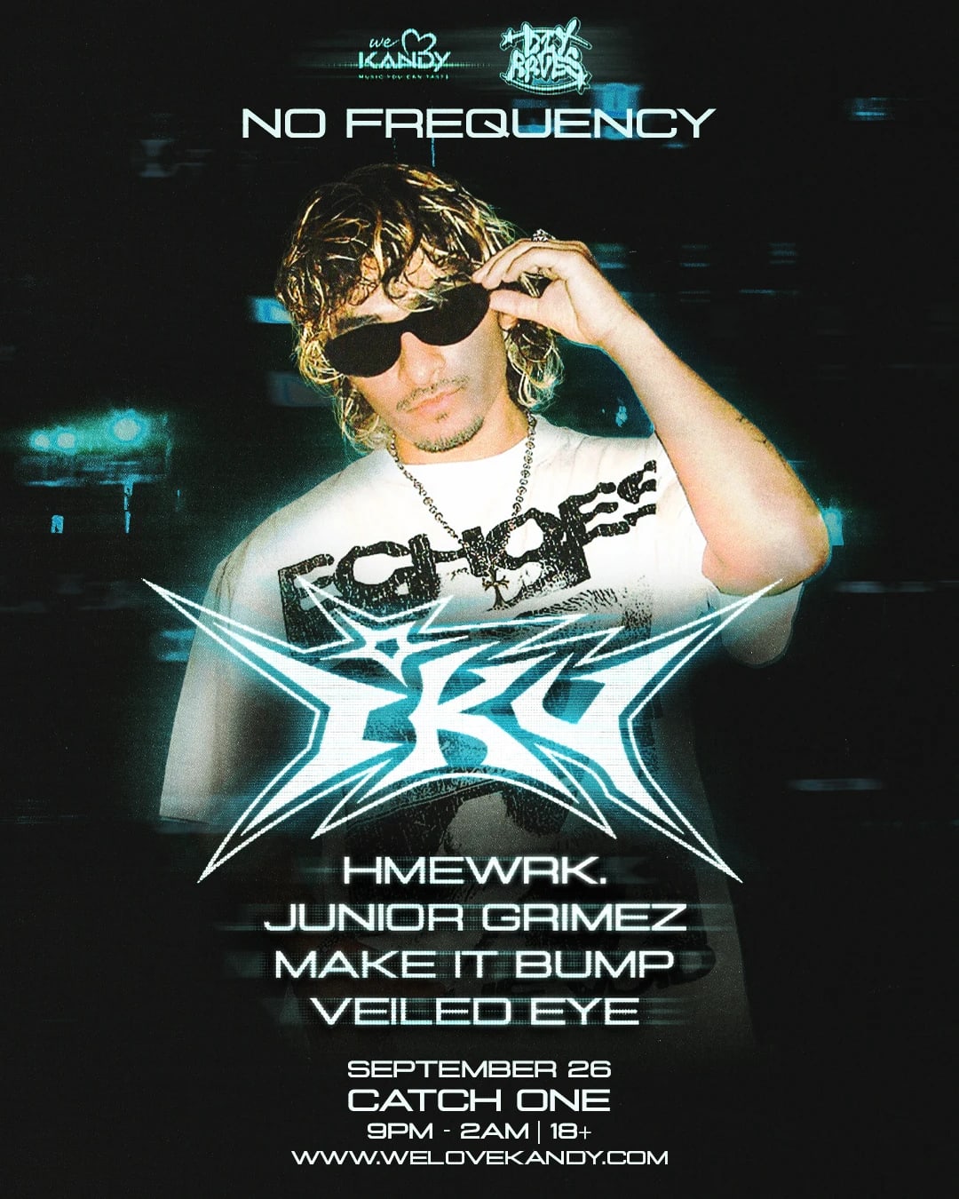 No Frequency flyer showing IKU in dark sunglasses under a glowing cyan logo, with the support lineup and Catch One date below