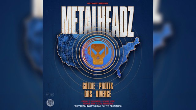 Metalheadz drum and bass flyer for Goldie, Photek and DRS at an INCOGNITO warehouse party