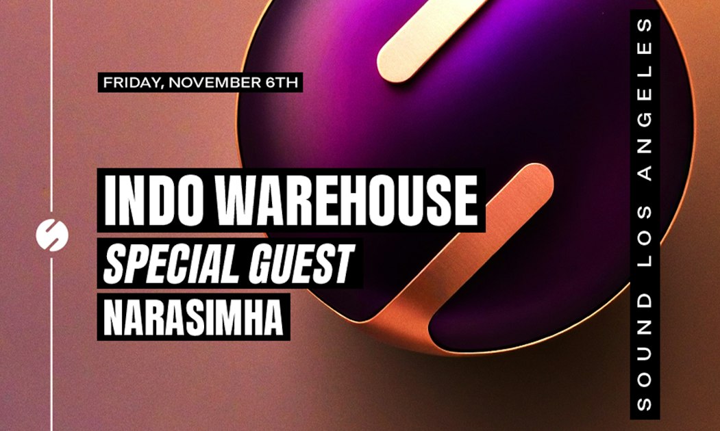 Event flyer for Indo Warehouse with special guest Narasimha, Friday November 6th, on a purple and copper abstract sphere