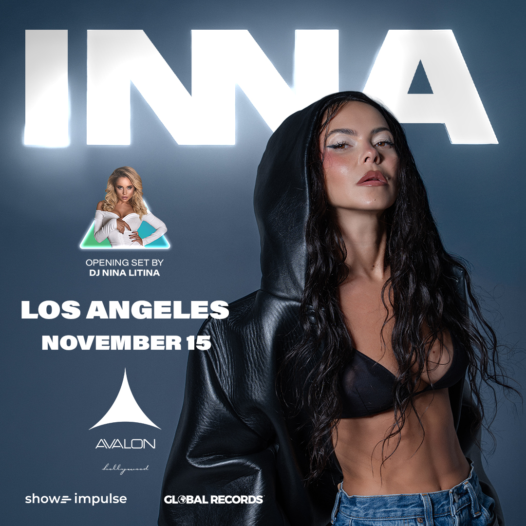 INNA in a black leather hooded jacket in front of her name in glowing white letters, on the Avalon Hollywood show flyer for November 15