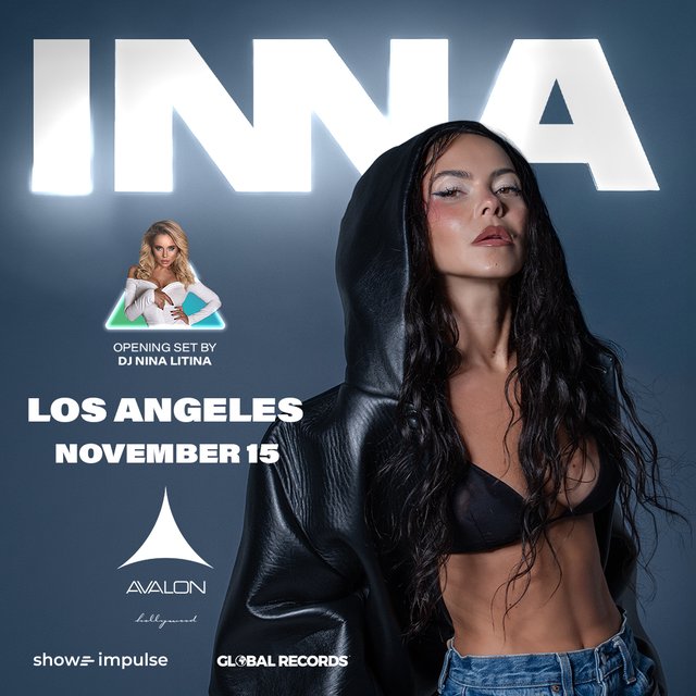 INNA in a black leather hooded jacket in front of her name in glowing white letters, on the Avalon Hollywood show flyer for November 15