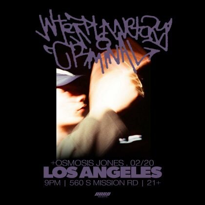 Event flyer with hand-lettered Interplanetary Criminal title over a blurred photo, listing Osmosis Jones, Feb 20, 9 PM, 560 S Mission Rd, 21+