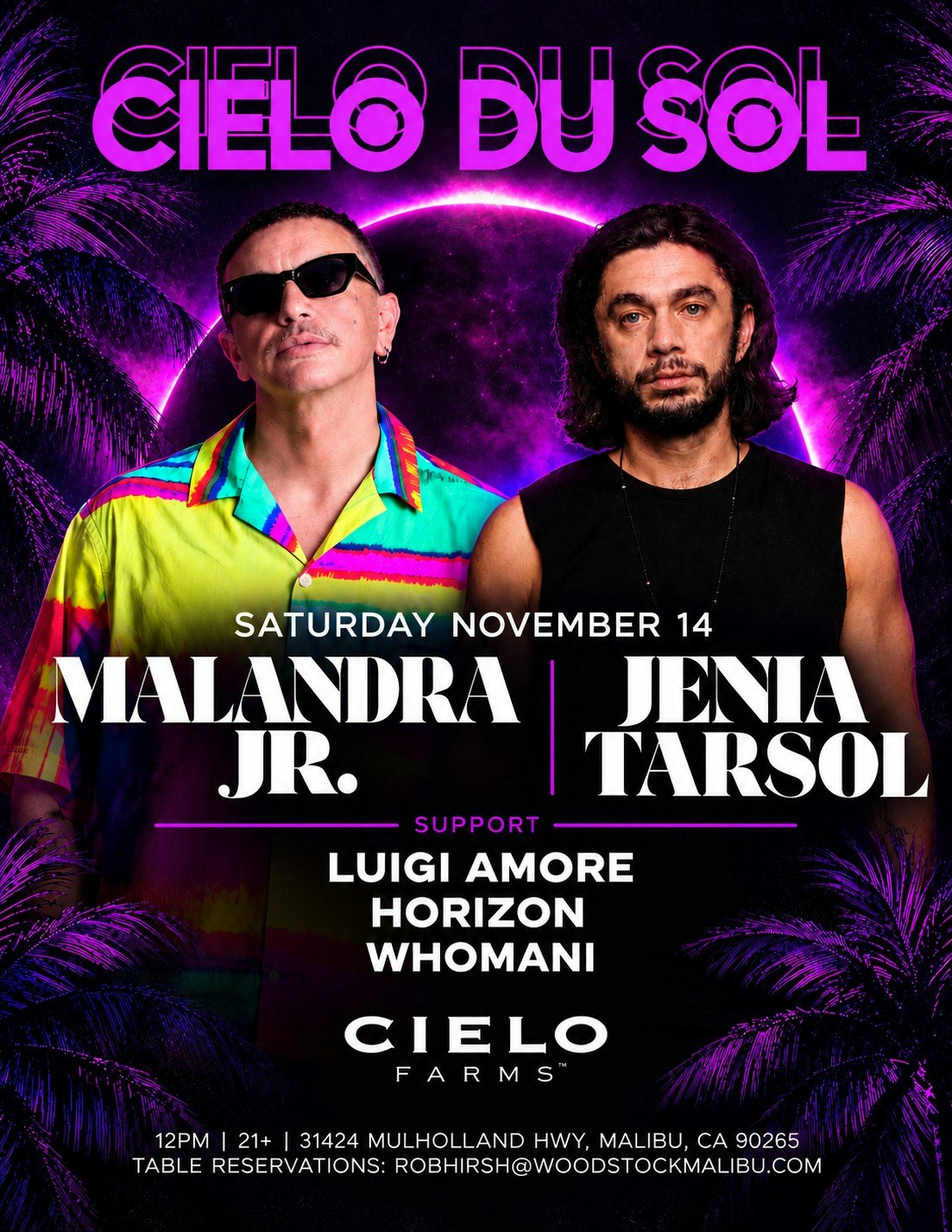 Event flyer for Cielo du Sol on Saturday November 14 showing Malandra Jr. and Jenia Tarsol against a purple eclipse and palm fronds