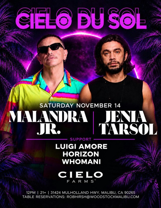 Event flyer for Cielo du Sol on Saturday November 14 showing Malandra Jr. and Jenia Tarsol against a purple eclipse and palm fronds