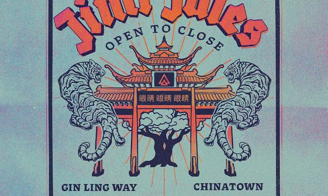 Jimi Jules Open to Close flyer: an orange pagoda gate flanked by two tigers, with Gin Ling Way and Chinatown lettered below
