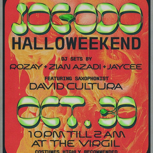 Red and orange skull poster with green chrome lettering reading JOGODO Halloweekend, Oct. 30, 10 PM till 2 AM at The Virgil