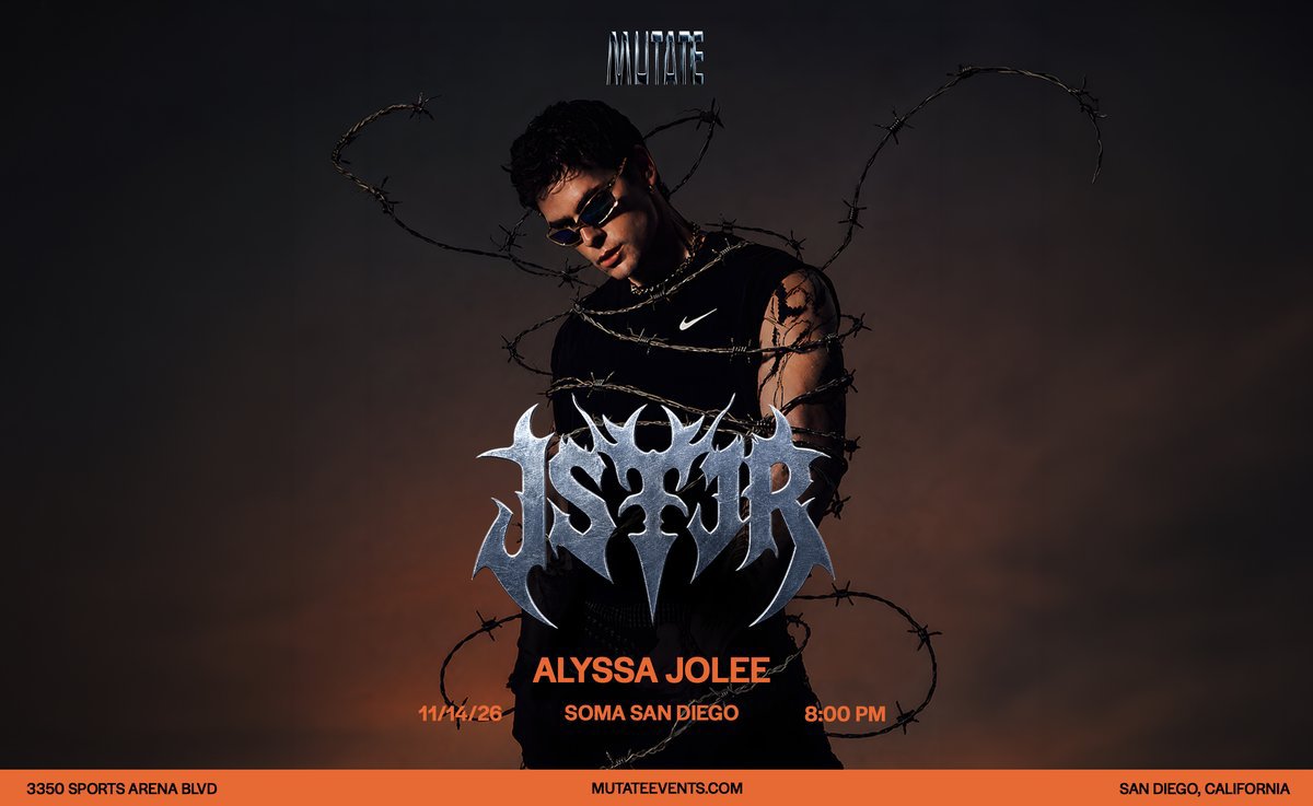 JSTJR poster with the artist in a black hoodie against a dark background, the JSTJR logo in blue, Alyssa Jolee, SOMA San Diego, 8pm