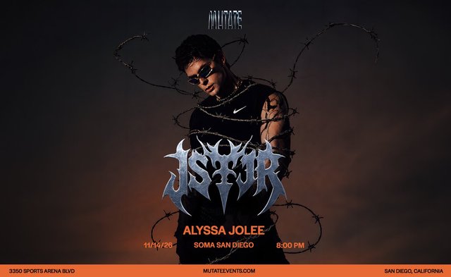 JSTJR poster with the artist in a black hoodie against a dark background, the JSTJR logo in blue, Alyssa Jolee, SOMA San Diego, 8pm