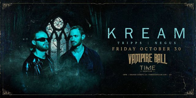 Event flyer showing the two members of KREAM in a moonlit gothic setting with the Vampire Ball and Time Nightclub logos