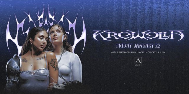 Krewella flyer for Academy LA on Friday, January 22, showing Jahan and Yasmine Moufarrej in metallic stage wear below the Krewella logo