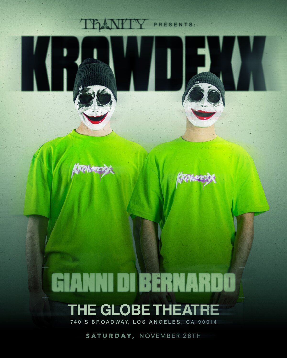 Event flyer showing two masked figures in neon green shirts under the name Krowdexx, with The Globe Theatre and Saturday, November 28th listed