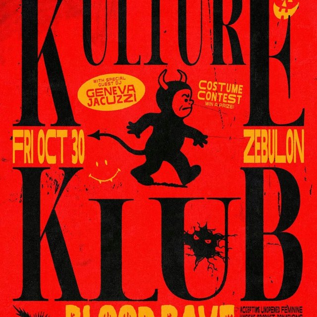 Red and black event flyer with oversized Kulture Klub lettering, a cartoon devil, the date Fri Oct 30 and the name Zebulon