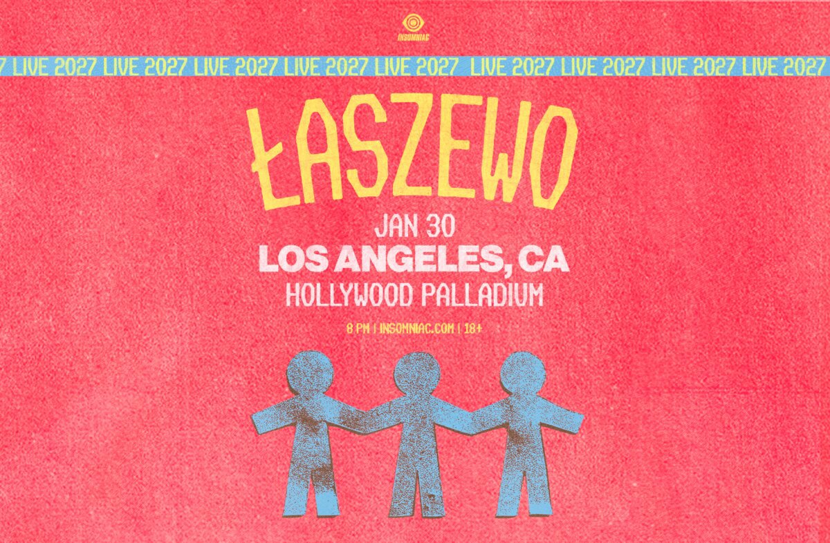 Red Insomniac flyer for Łaszewo at Hollywood Palladium on Jan 30, with three blue paper-doll figures holding hands