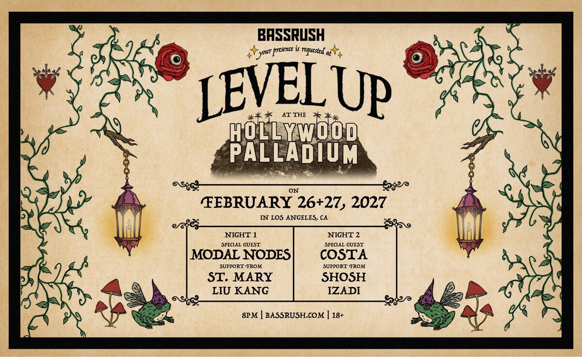 Parchment-style Bassrush flyer for Level Up at the Hollywood Palladium, February 26 and 27, 2027, with vines, a lantern and a frog in a wizard hat