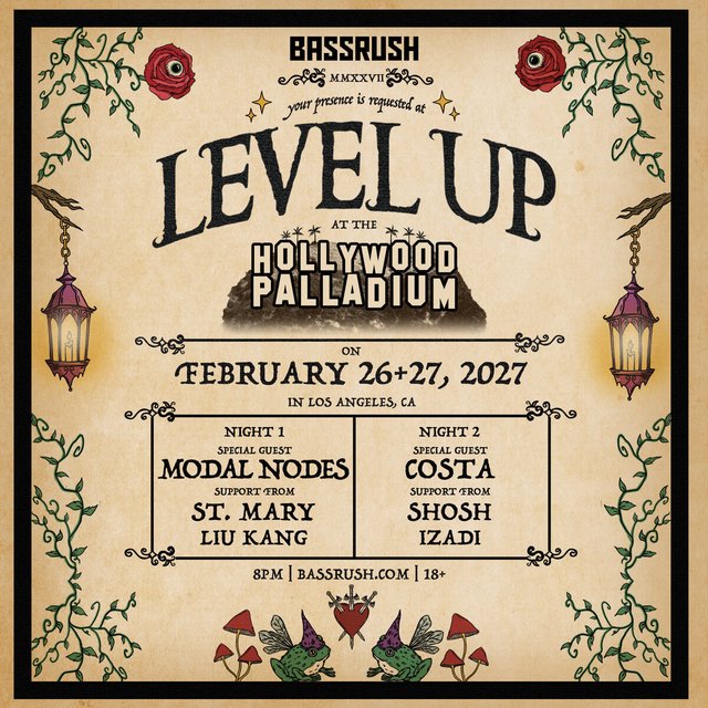 Parchment-style Bassrush flyer for Level Up at the Hollywood Palladium, February 26 and 27, 2027, listing Costa, Shosh and Izadi for night two