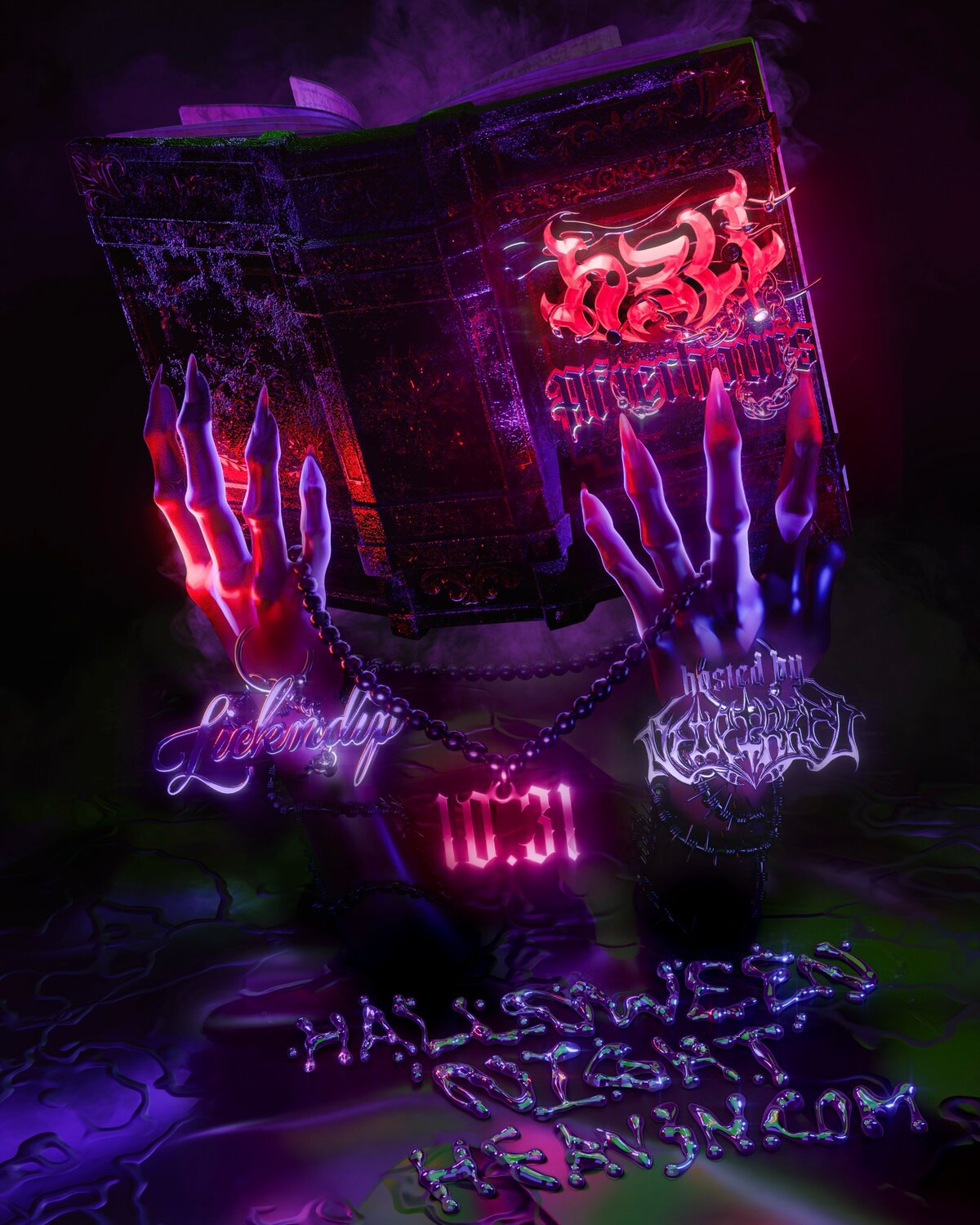 Event flyer showing two pale clawed hands holding up a glowing book, with the date 10.31 and Halloween Night in chrome lettering