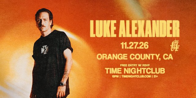 Event flyer with a man in a black t-shirt beside the name Luke Alexander, the date 11.27.26 and Time Nightclub on an orange background