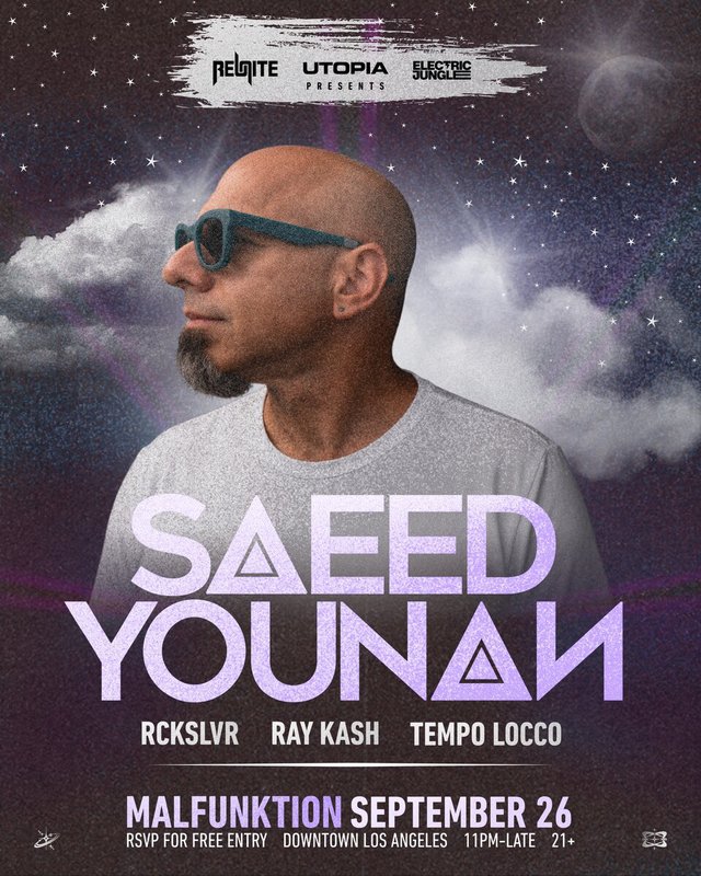 Malfunktion flyer showing DJ Saeed Younan in teal sunglasses against a starry purple sky, with RCKSLVR, Ray Kash and Tempo Locco listed below