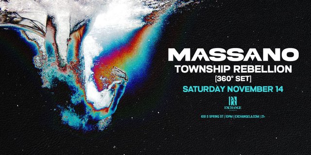 Black Exchange LA flyer with a diver plunging through rainbow-tinted water beside white text reading Massano, Township Rebellion 360 Set, Saturday November 14
