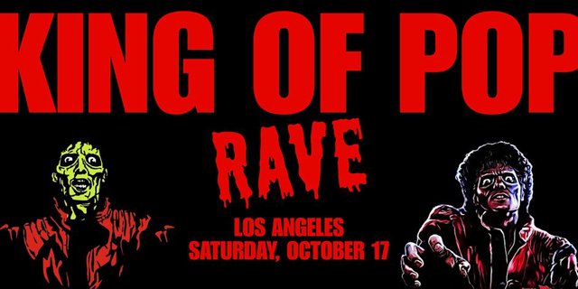 Red and black event flyer reading King of Pop Rave, Los Angeles, Saturday October 17, with two horror-style Michael Jackson illustrations
