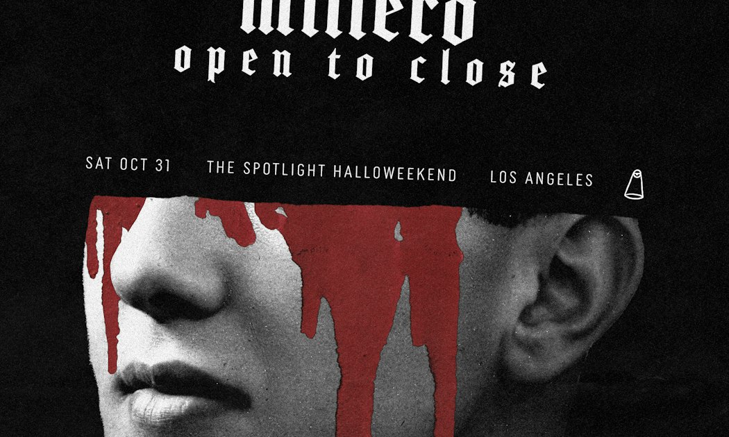 Event flyer with the words Open To Close and Sat Oct 31, The Spotlight Halloweekend, over a black and white face streaked with red