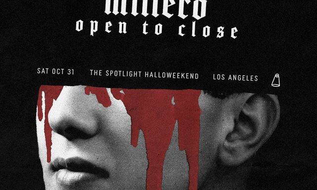 Event flyer with the words Open To Close and Sat Oct 31, The Spotlight Halloweekend, over a black and white face streaked with red