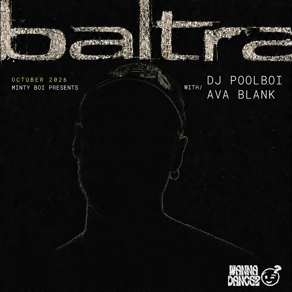 Black event flyer with the name baltra in large textured letters above a dark silhouette of a head, listing dj poolboi and ava blank