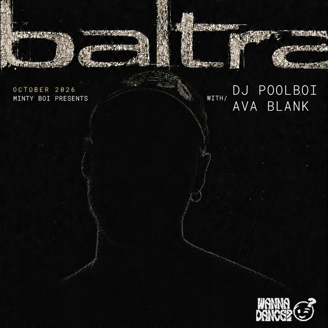 Black event flyer with the name baltra in large textured letters above a dark silhouette of a head, listing dj poolboi and ava blank