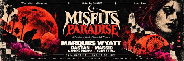 Halloween flyer for Misfits Paradise with a red moon, palm trees, a black cat and a face in clown makeup, listing the DJ lineup