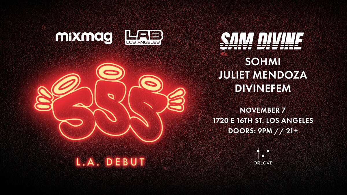 Red neon 555 logo on a dark textured poster beside the lineup Sam Divine, Sohmi, Juliet Mendoza and DivineFem