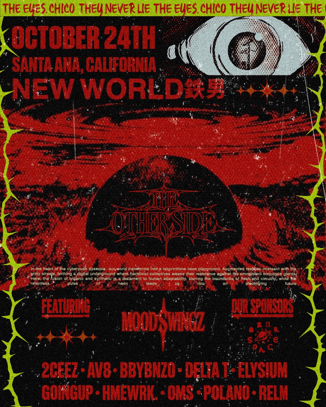Red and black poster for The Other Side in Santa Ana on October 24, with a large eye graphic and a lineup that includes Mood$Wingz