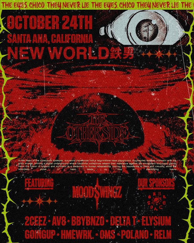 Red and black poster for The Other Side in Santa Ana on October 24, with a large eye graphic and a lineup that includes Mood$Wingz