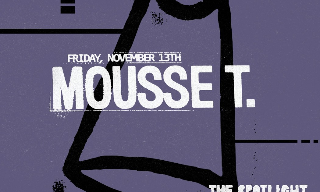 Purple event flyer reading Friday, November 13th, Mousse T., The Spotlight